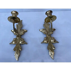 Vintage Pair Fleur De Lis Gold Metal Candle Stick Holder Sconces 10"